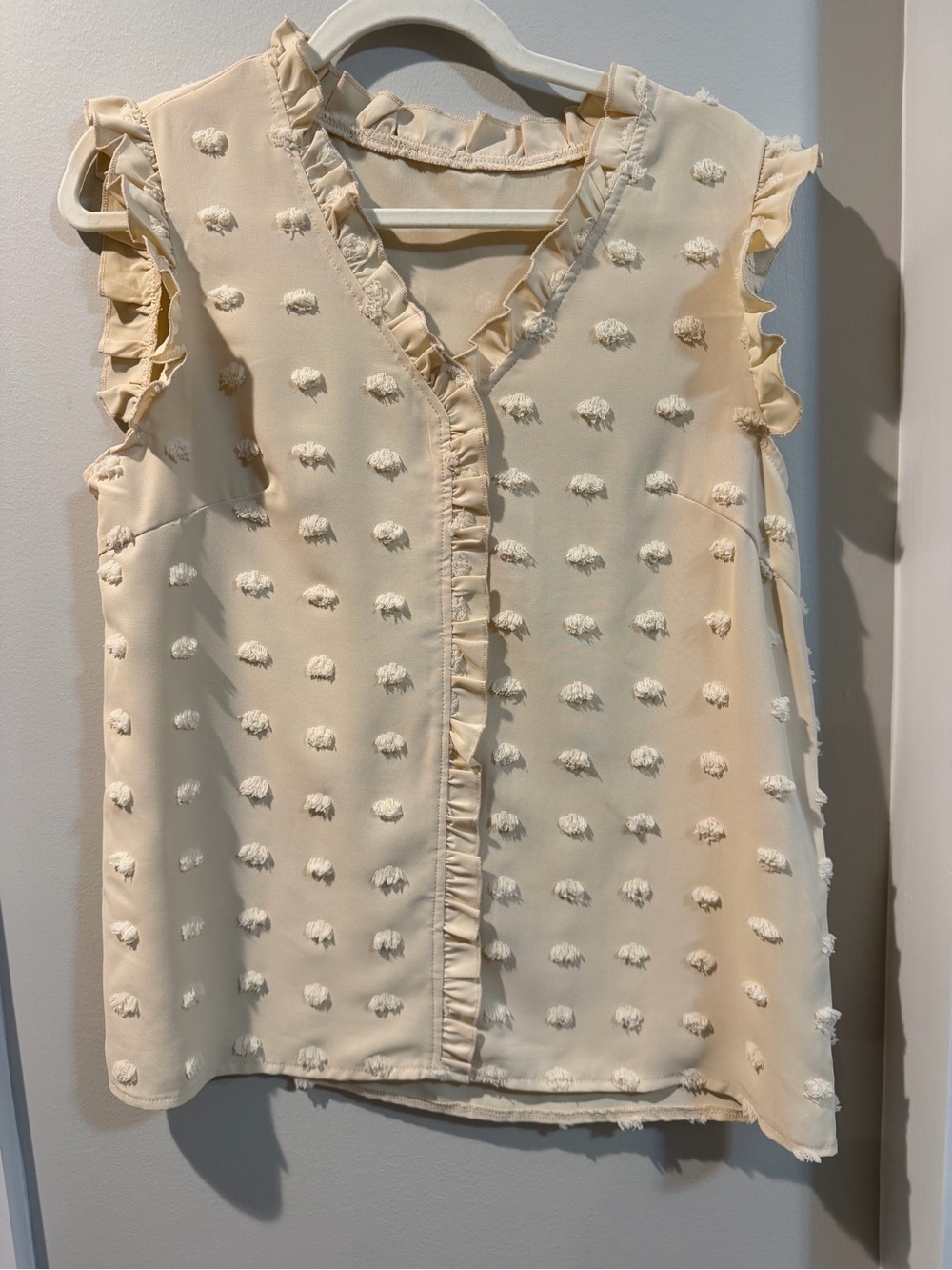 SHEIN Cream Sleeveless Swiss Dot Ruffle V-Neck Top